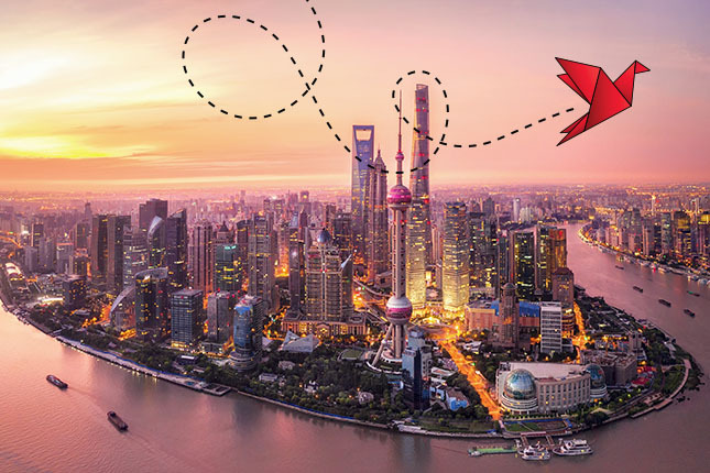 shanghai skyline with send off logo