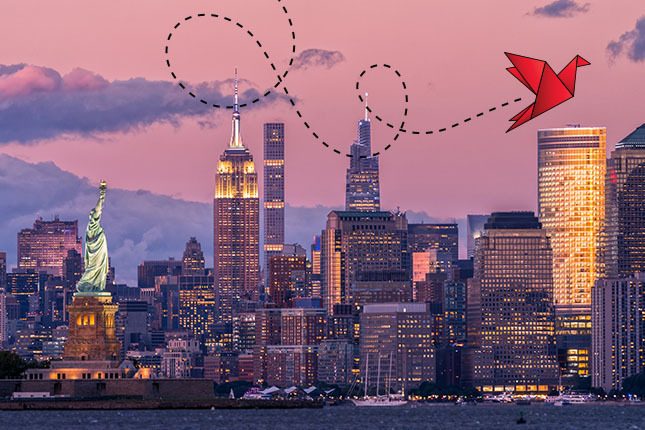 new york city skyline with send off logo