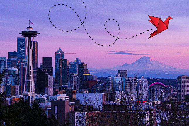 Seattle skyline with send off logo
